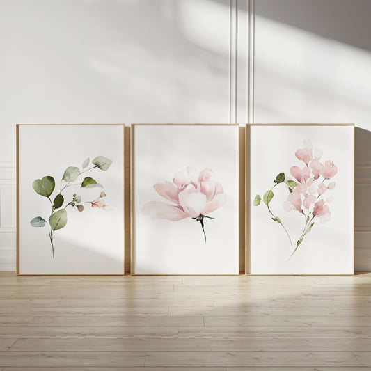 watercolour pink floral wall art prints, set of 3