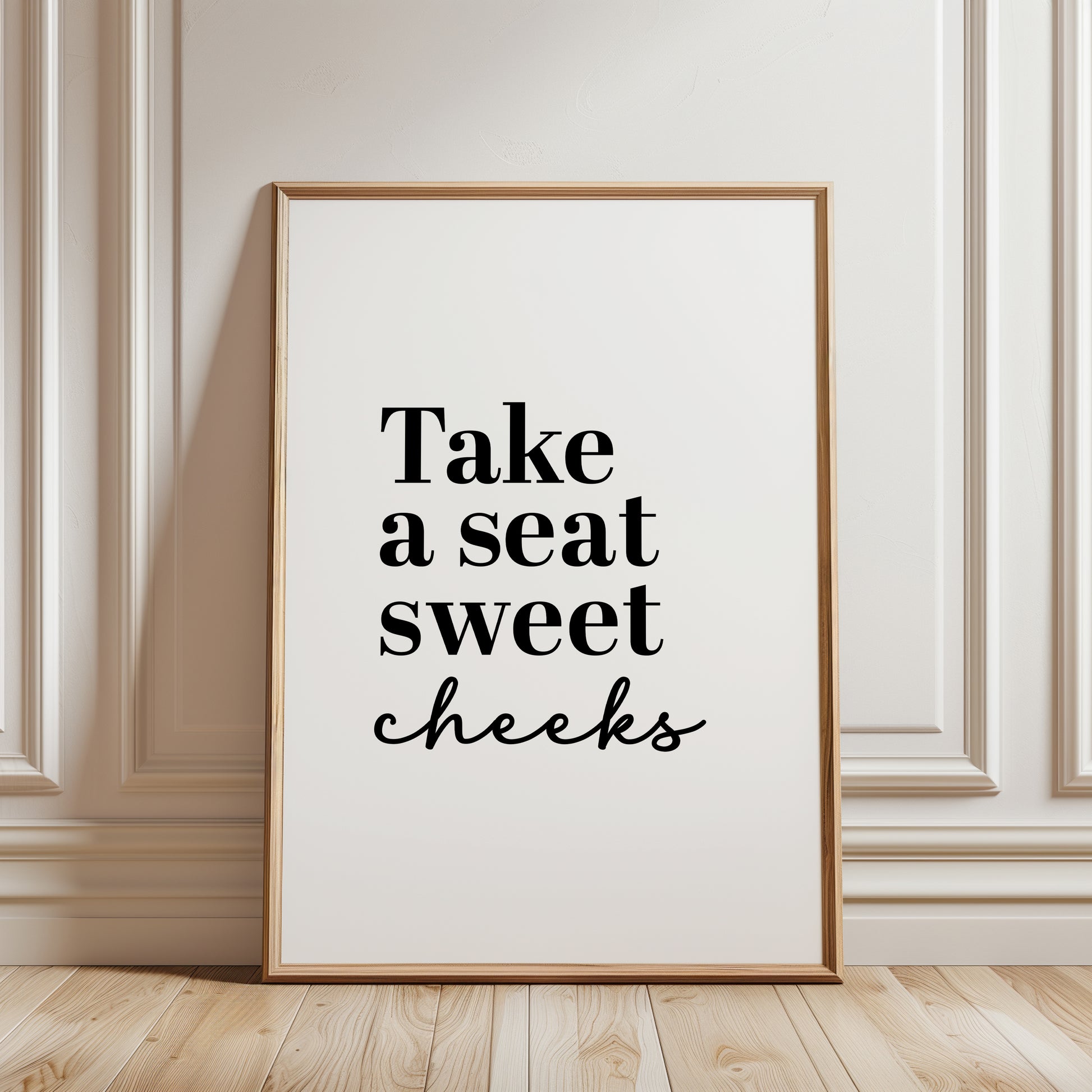 black and white bathroom print with funny quote