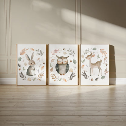 Set of 3 woodland animal nursery prints