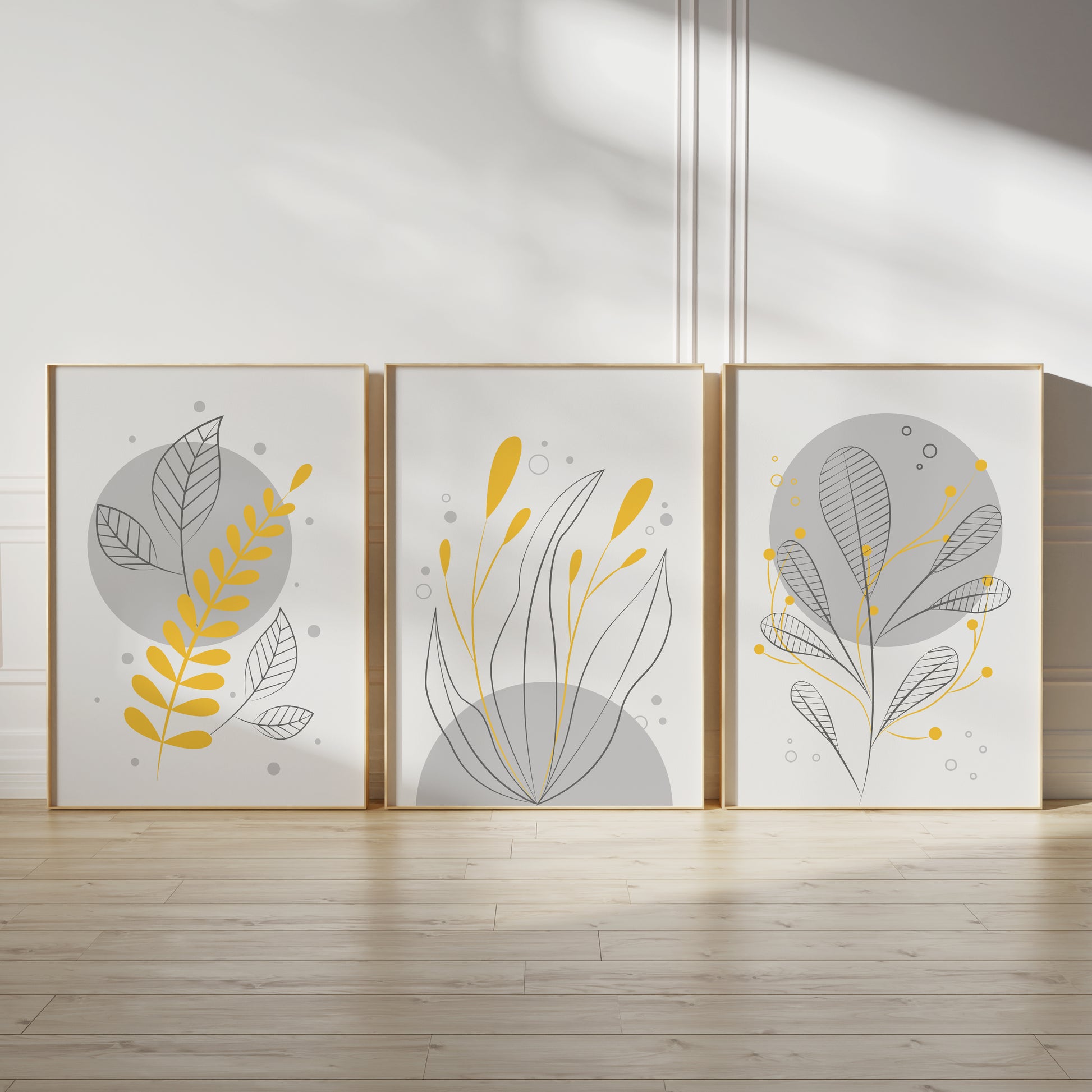 Yellow and grey home wall art prints, set of 3 with botanical illustrations