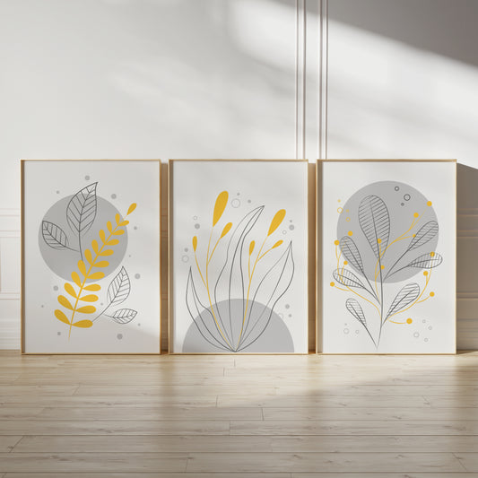 Yellow and grey home wall art prints, set of 3 with botanical illustrations