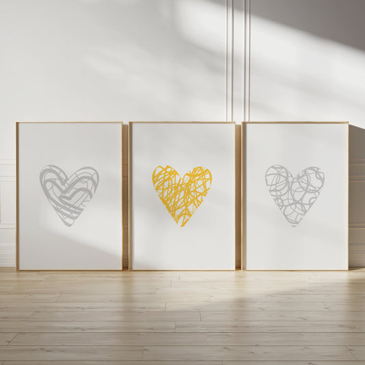 abstract love heart prints for bedroom in yellow and grey