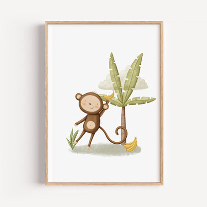 baby nursery print with a cute illustrated monkey holding a banana with a jungle tree