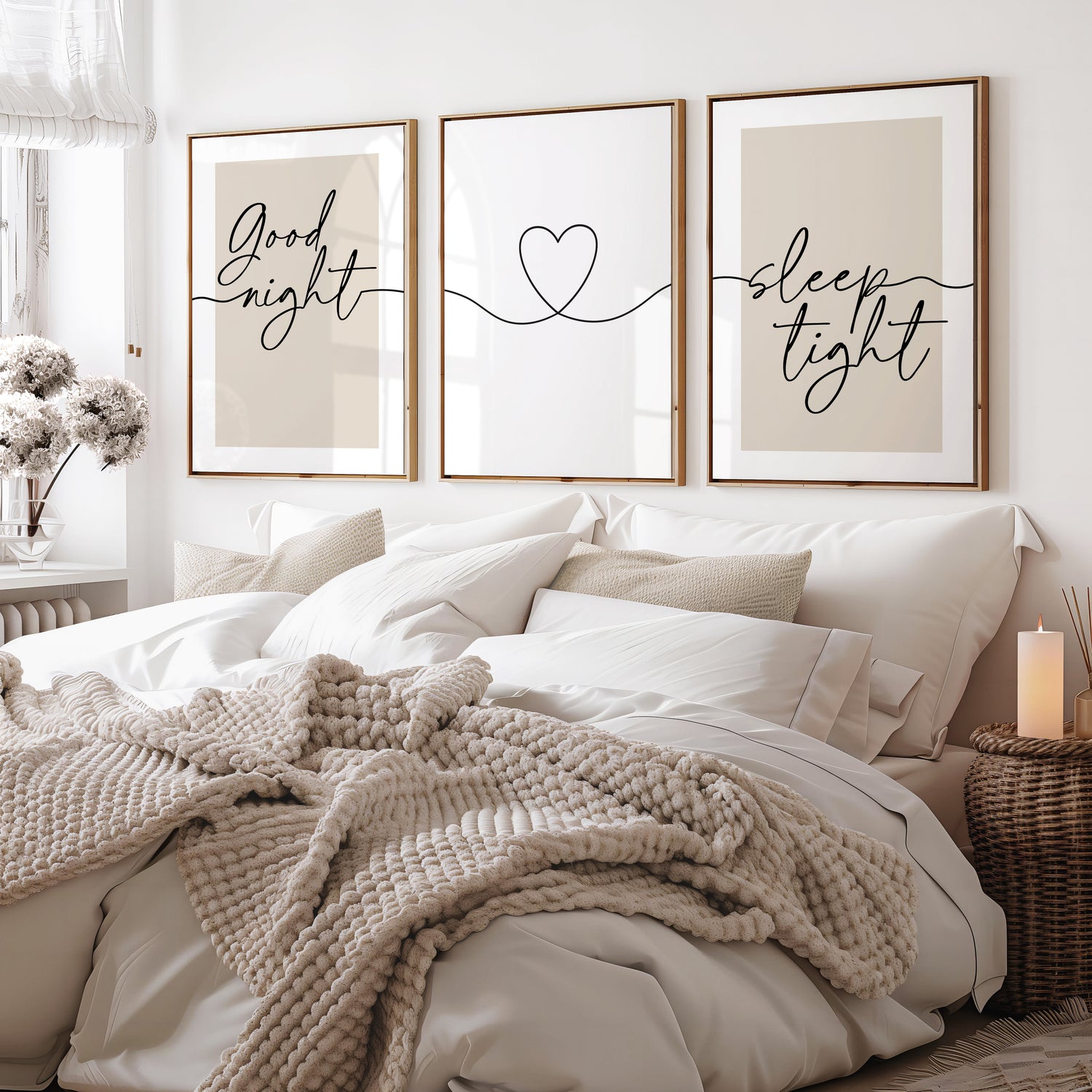 Set of 3 bedroom prints, the prints have beige backgrounds with black script and line art reading 'Good night,' a heart, and 'sleep tight.
