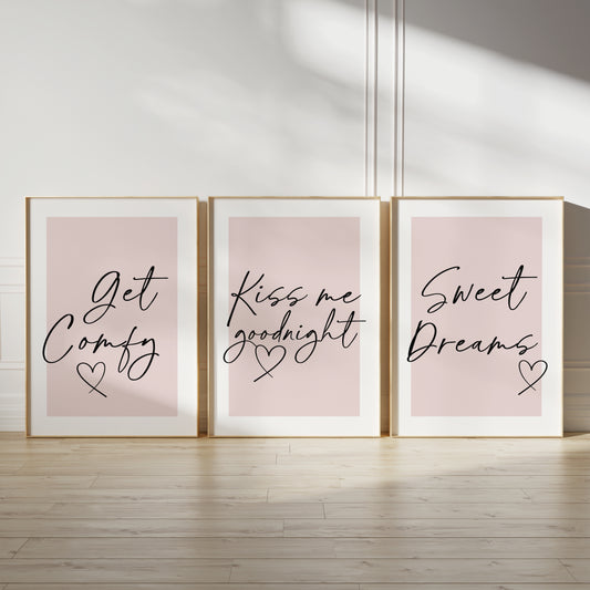 Set of 3 Bedroom Prints, Get Comfy, Sweet Dreams, Pink