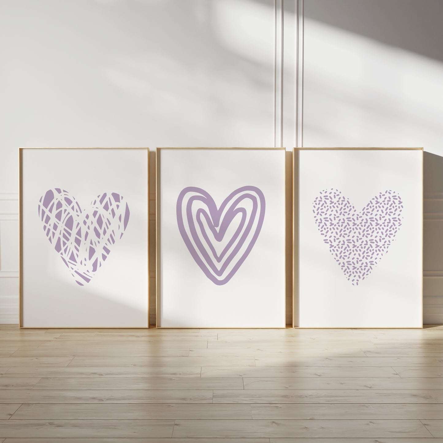 Bedroom wall art prints with lilac love hearts