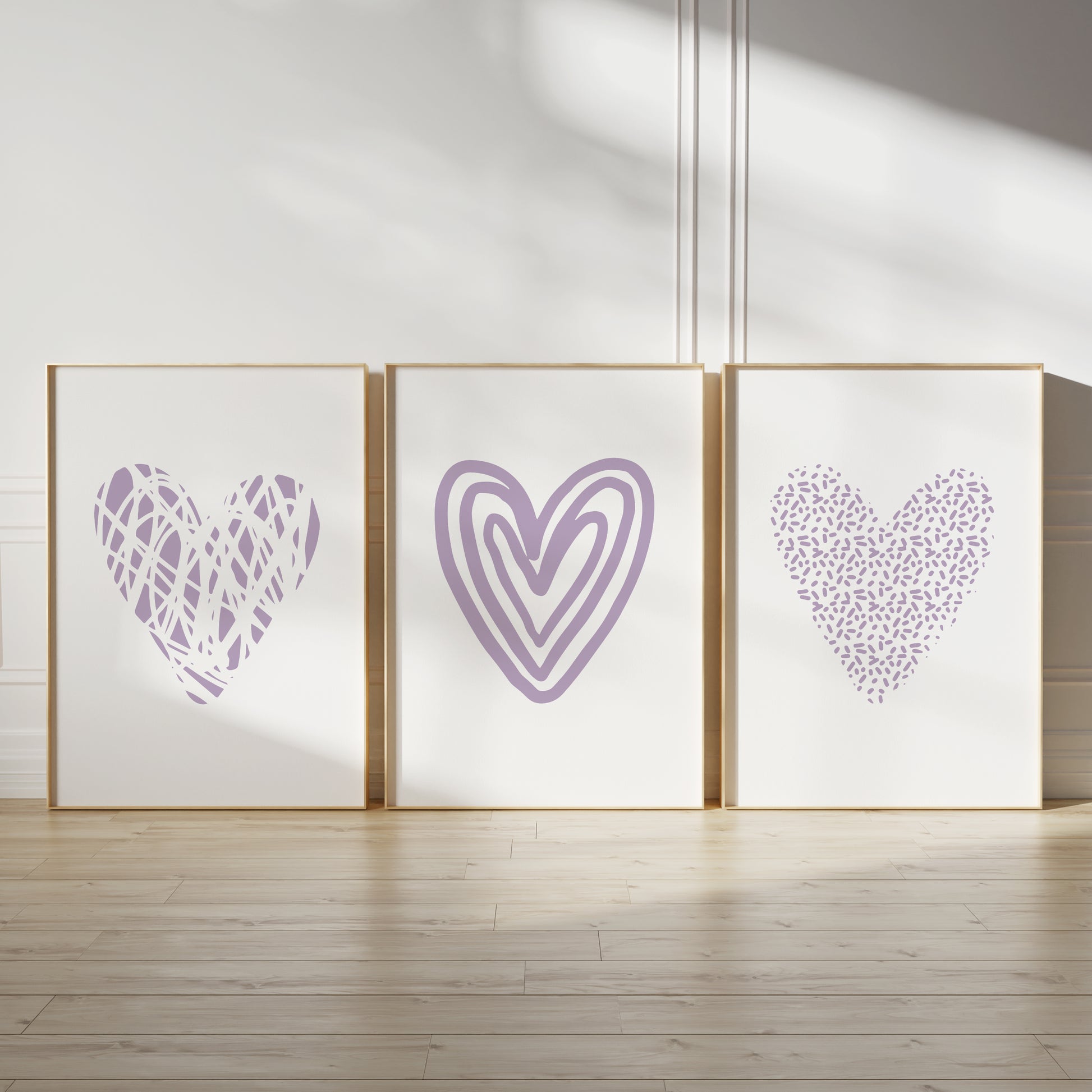 Bedroom wall art prints with lilac love hearts