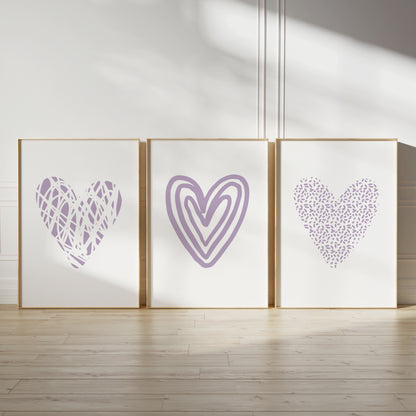 Bedroom wall art prints with lilac love hearts