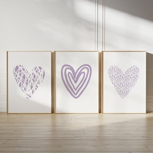 Bedroom wall art prints with lilac love hearts