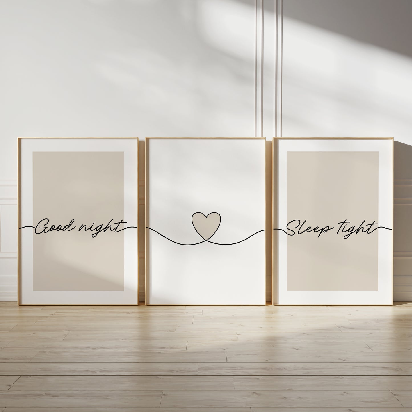 Beige bedroom wall art set, with quote good night sleep tight