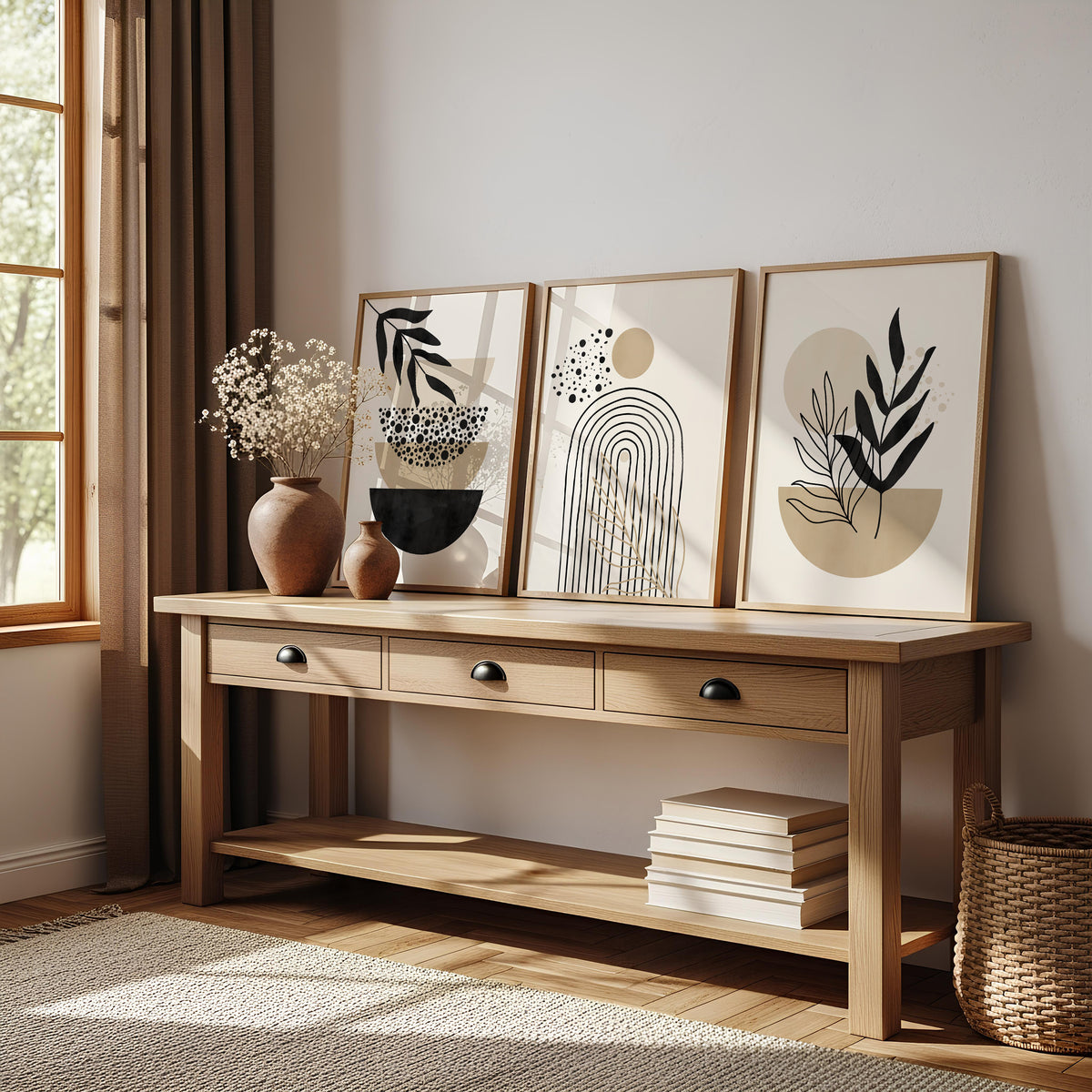 black and beige boho prints, set of three unframed prints with geometric shapes and plants in cream, black and beige watercolours, bestsellers