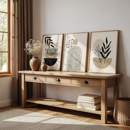 black and beige boho prints, set of three unframed prints with geometric shapes and plants in cream, black and beige watercolours, bestsellers