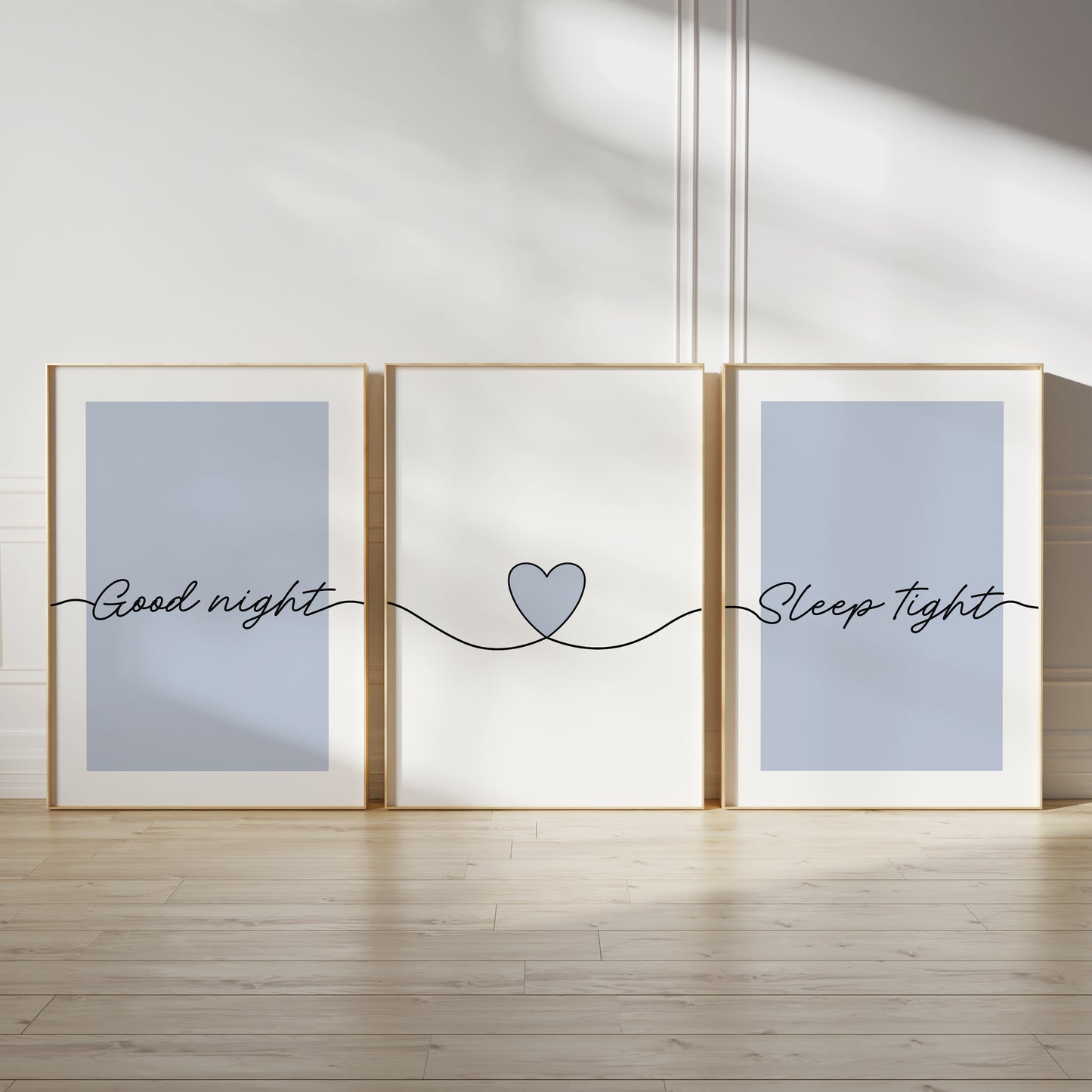Blue bedroom wall art prints in a set of three with quote GOOD NIGHT SLEEP TIGHT