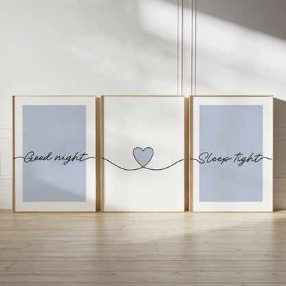 Blue bedroom wall art prints in a set of three with quote GOOD NIGHT SLEEP TIGHT