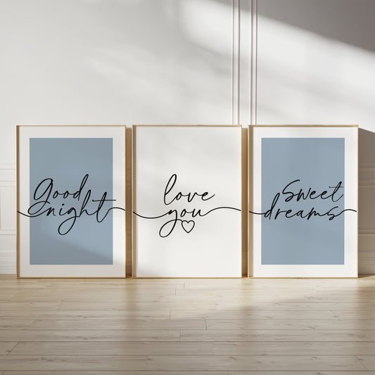 above bed wall art in blue