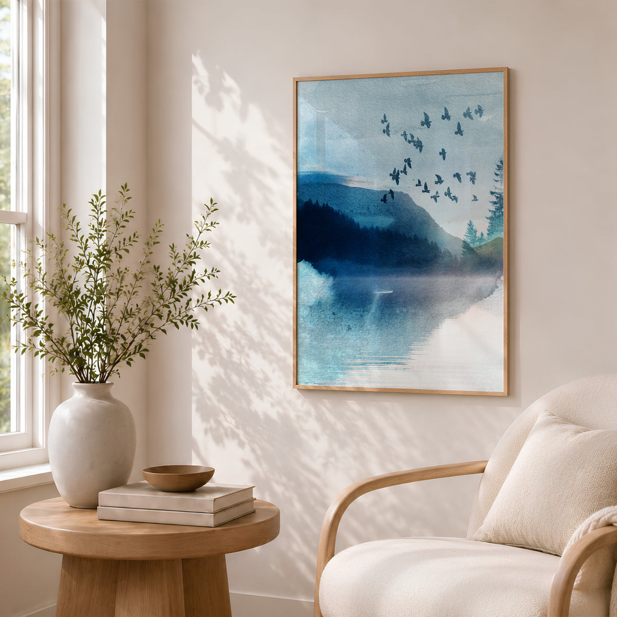 blue living room wall art print featuring a scenic abstract mountain print with birds flying over