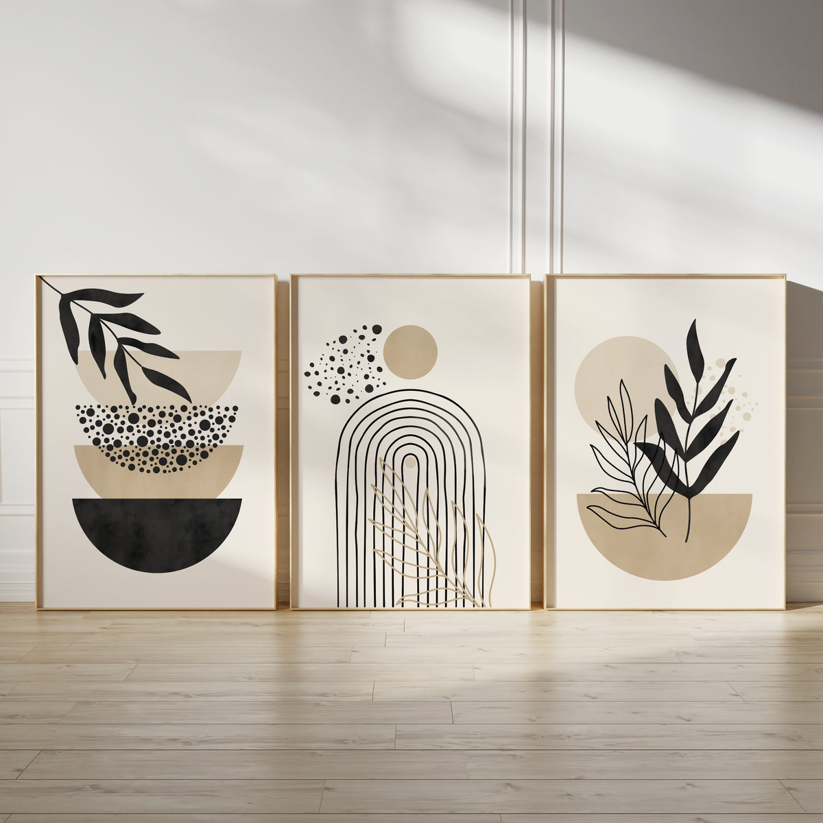 boho wall art in black and beige, set of three prints