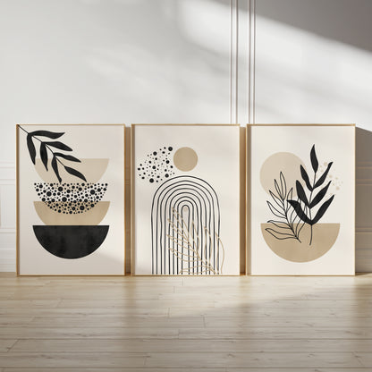 boho wall art in black and beige, set of three prints