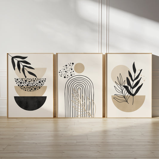 boho wall art in black and beige, set of three prints