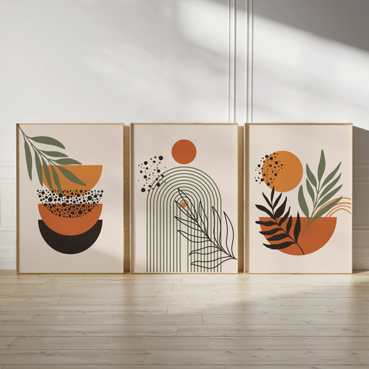 boho abstract wall art in orange and green