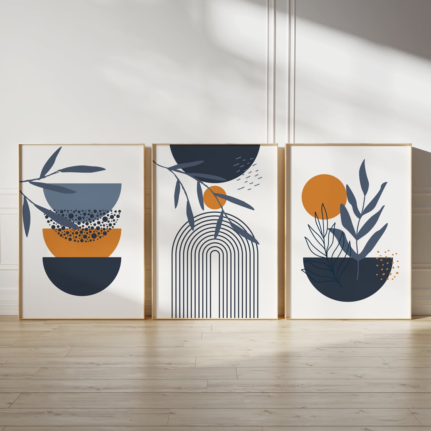 boho wall art print set with geometric shapes in blue and orange