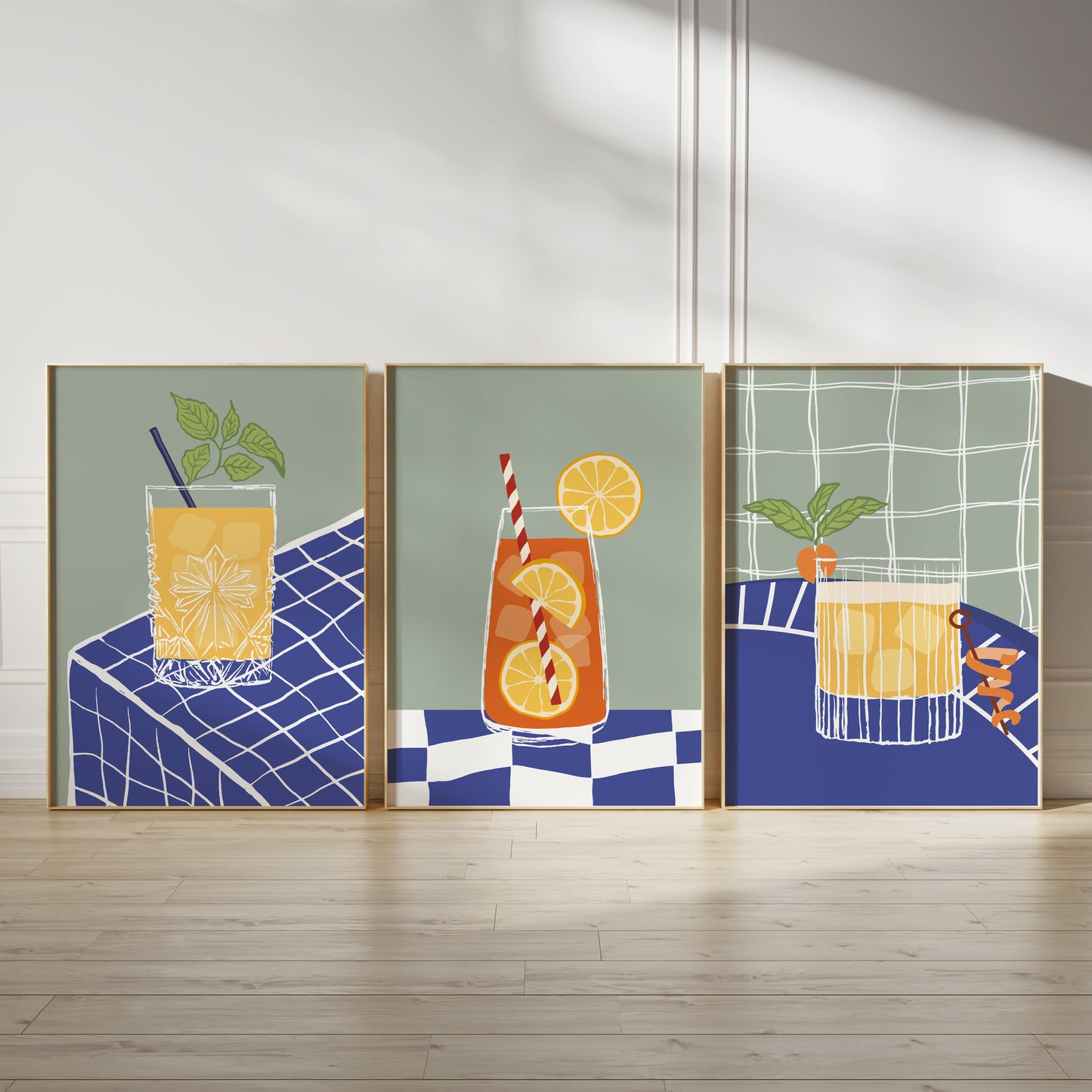 Cocktail wall art prints, posters for home bar or kitchen in a set of three