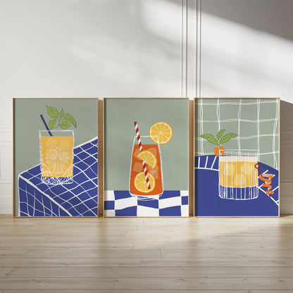 Cocktail wall art prints, posters for home bar or kitchen in a set of three
