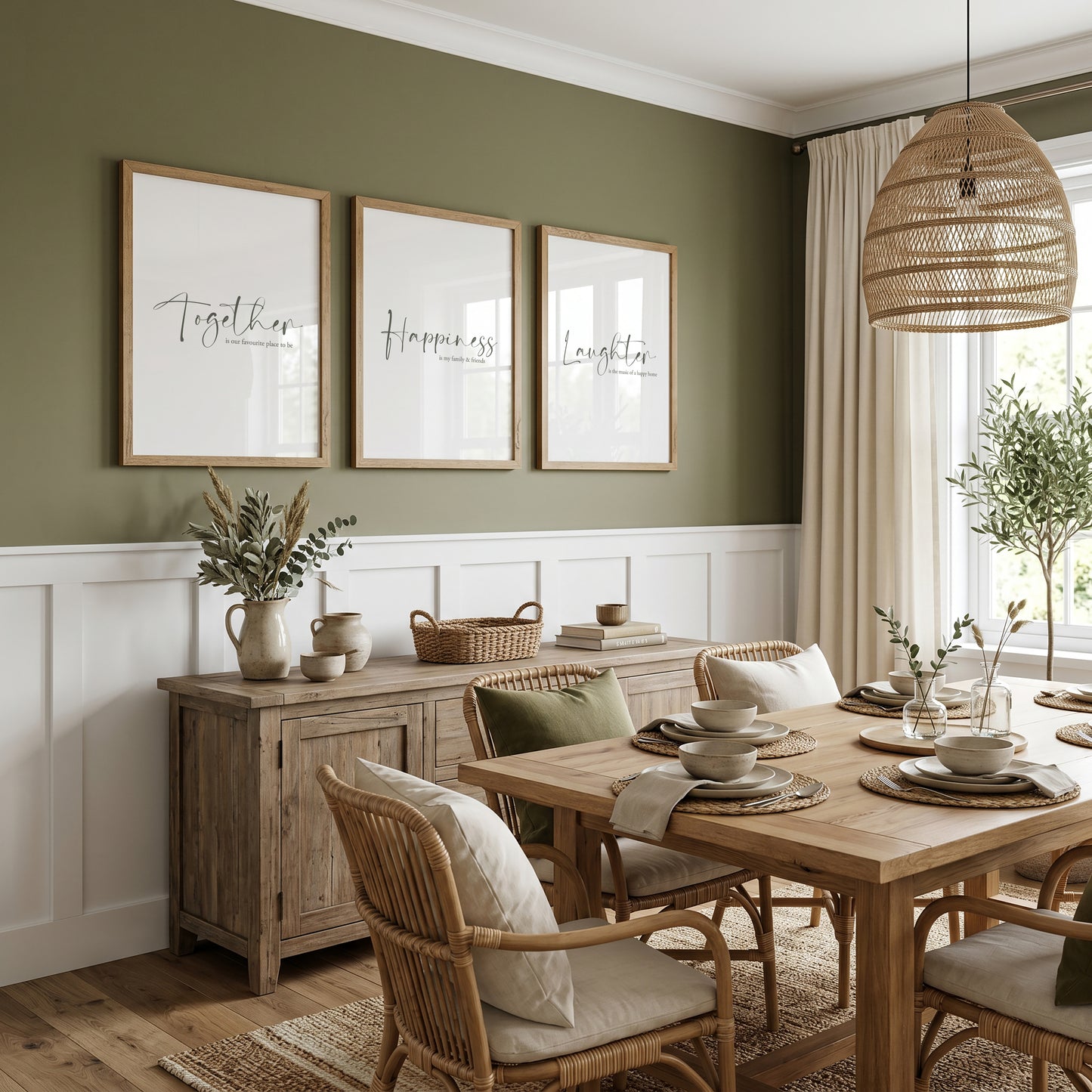 Dining room typography wall art with family quotes; "Together is our favourite place to be", "Happiness is my family &amp; friends" and "Laughter is the music of a happy home", sage green text on white backgrounds.
