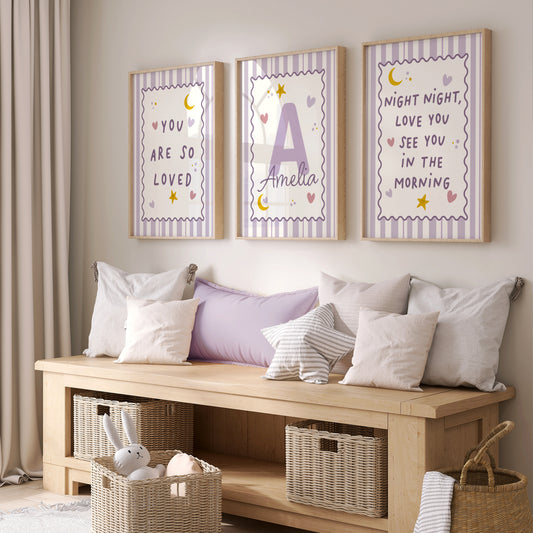 girls print set with bedtime quotes , cute illustrations of sun, moon and hearts and a lilac striped background. Girls pastel wall art