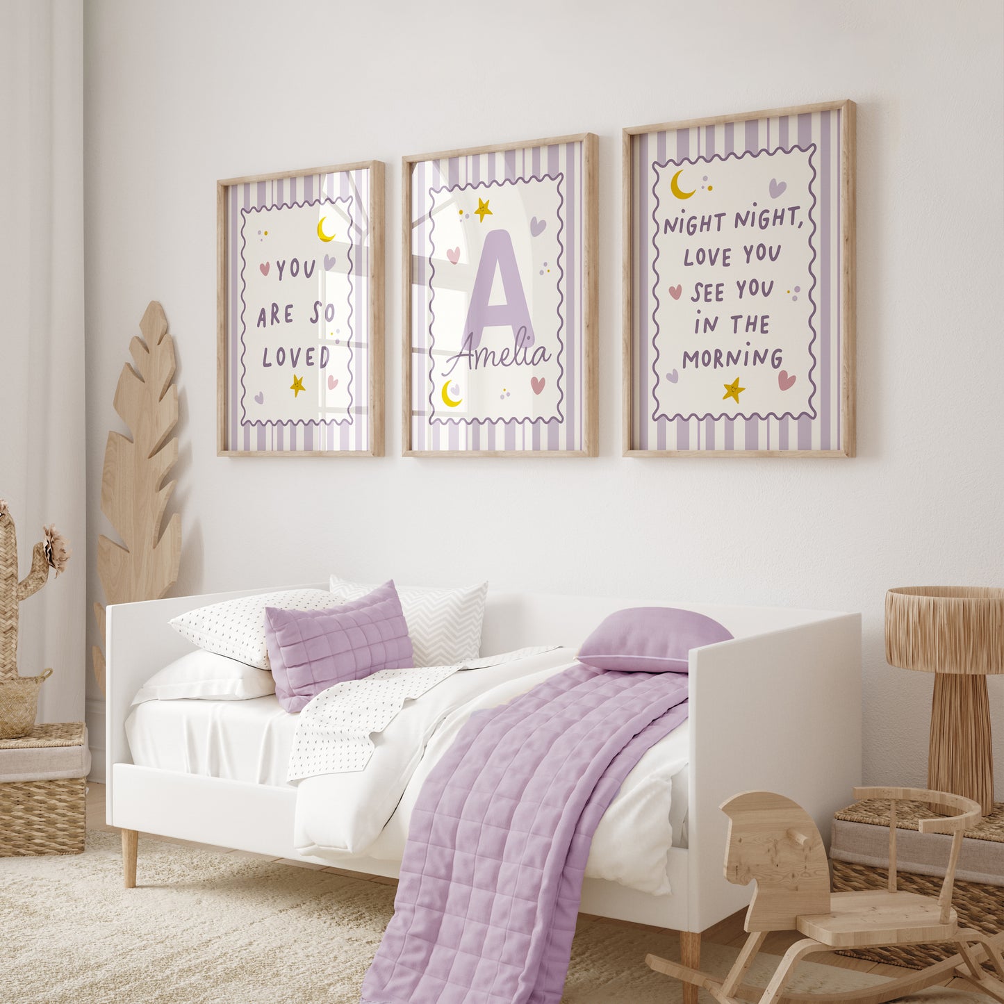girls lilac bedroom print set, lilac stripey background