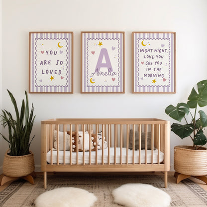 girls lilac nursery prints with bedtime quotes