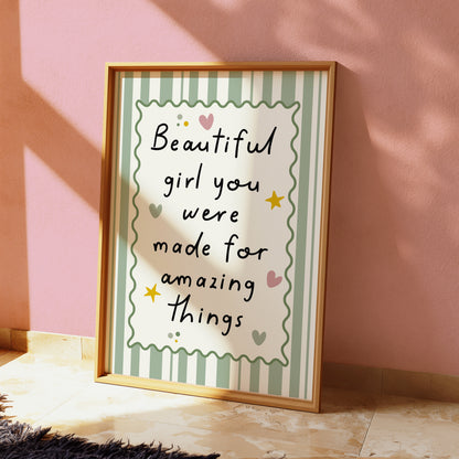 Girls Quote Wall Art Print, Beautiful Girl, Sage Green