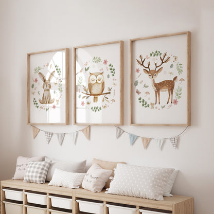 set of 3 nursery prints, woodland animals in neutral shades