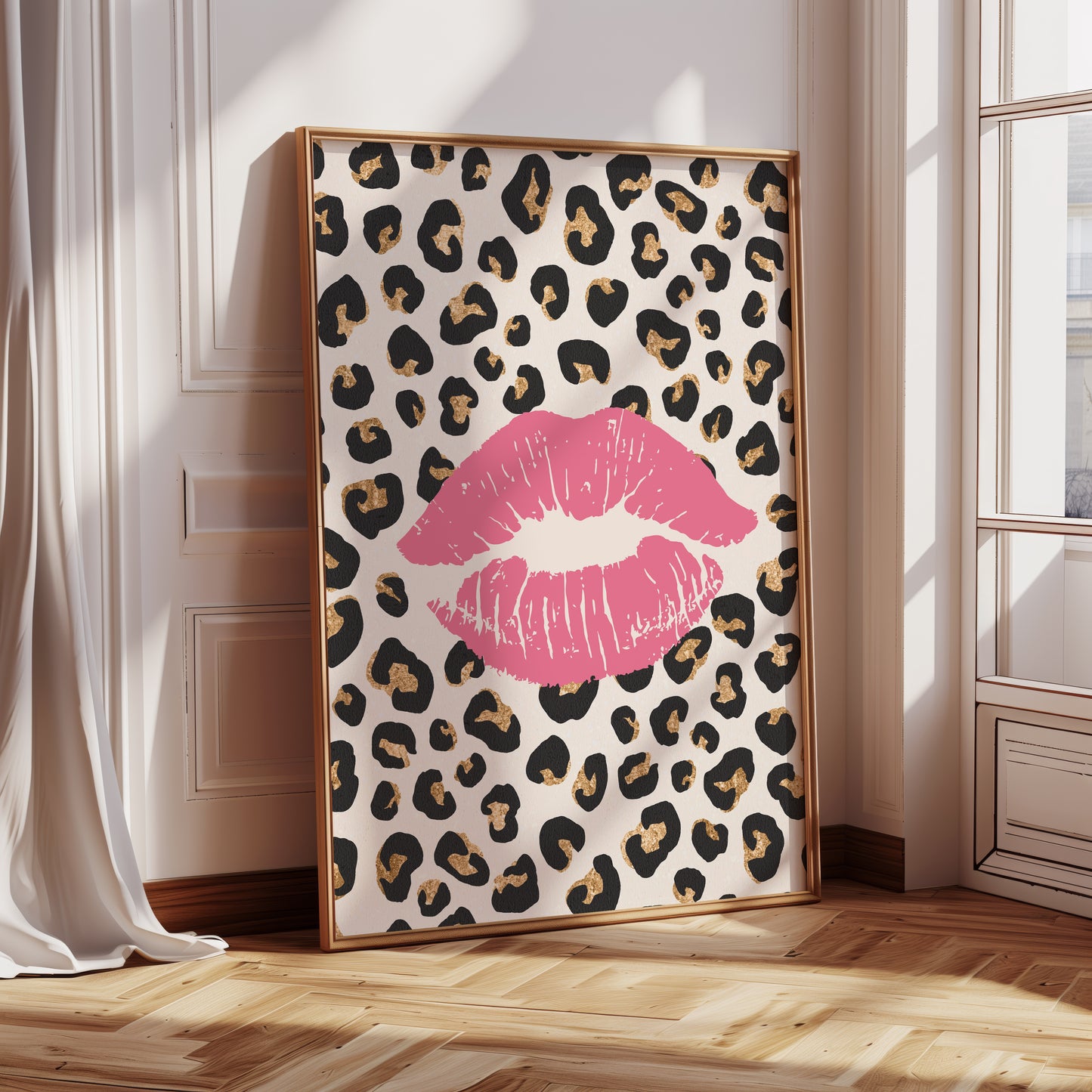 girls animal print wall art with kissing lips