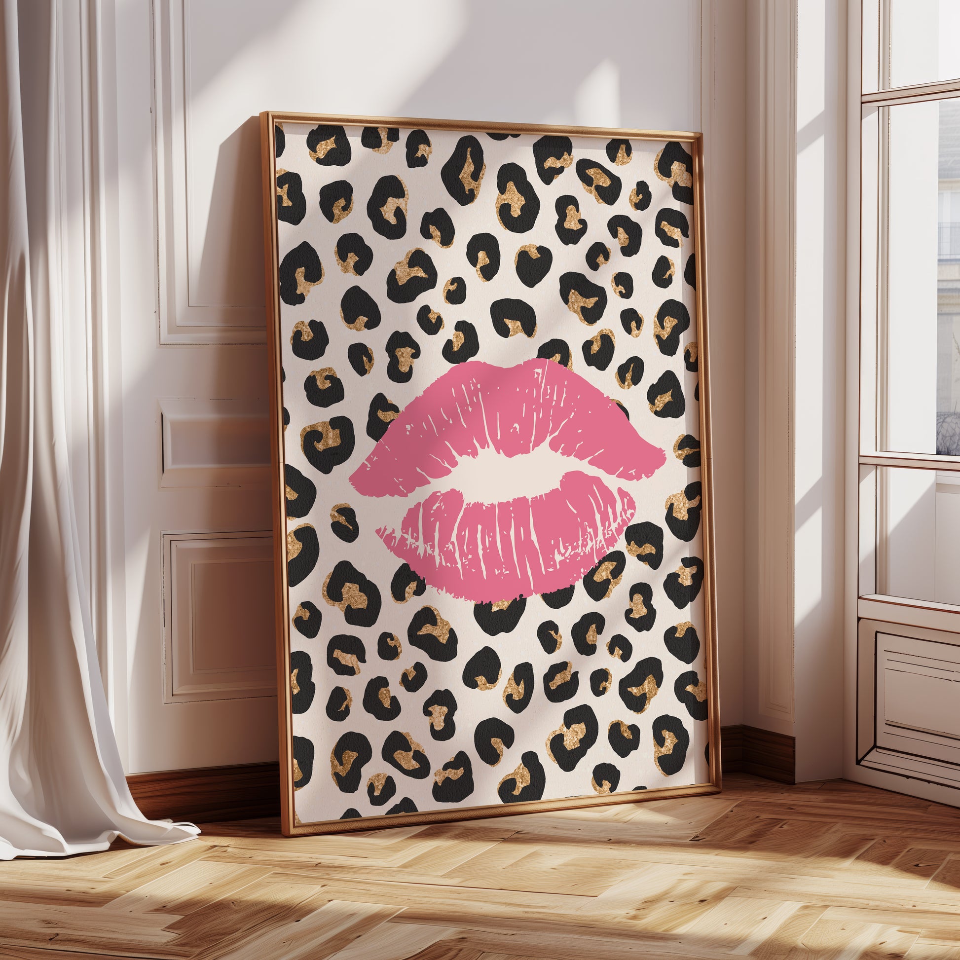 girls animal print wall art with kissing lips
