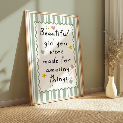 Girls Quote Wall Art Print, Beautiful Girl, Sage Green