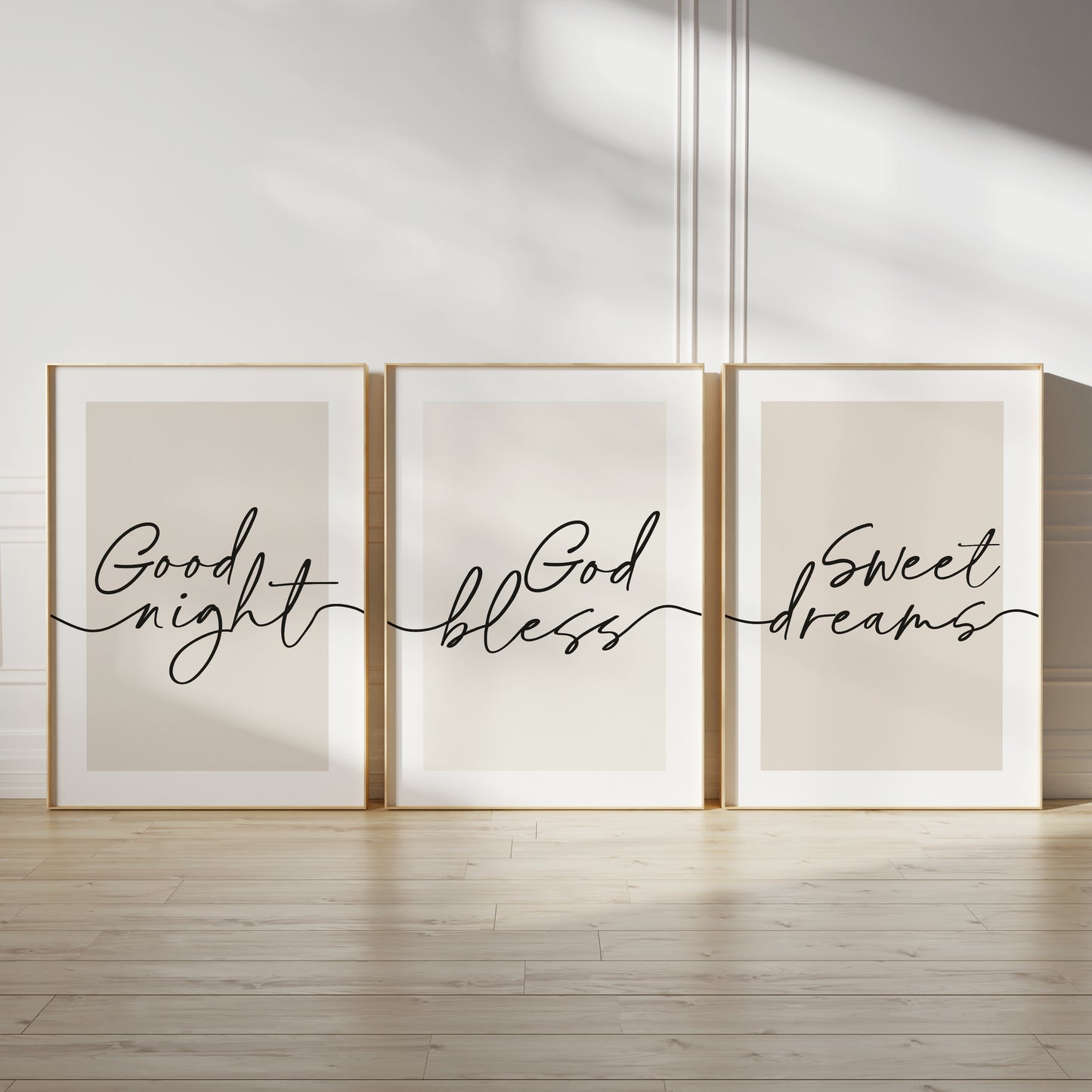 Bedroom wall art prints each with a quote "GOOD NIGHT" "GOD BLESS" "SWEET DREAMS"