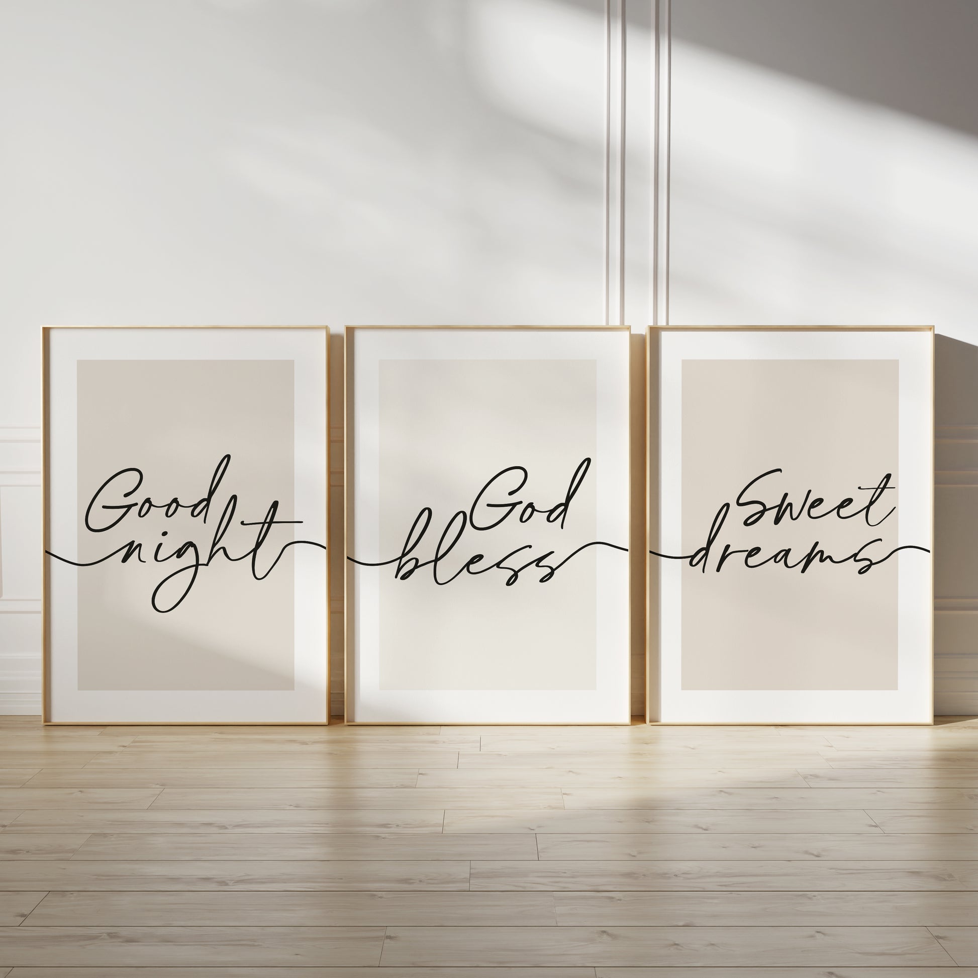 Bedroom wall art prints each with a quote "GOOD NIGHT" "GOD BLESS" "SWEET DREAMS"