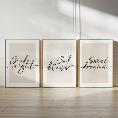 Bedroom wall art prints each with a quote "GOOD NIGHT" "GOD BLESS" "SWEET DREAMS"