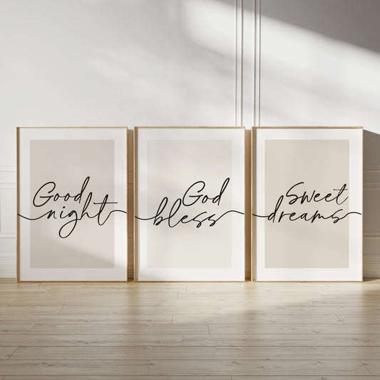 Bedroom wall art prints each with a quote "GOOD NIGHT" "GOD BLESS" "SWEET DREAMS"
