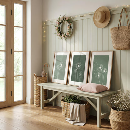 green wall art set, set of 3 unframed prints, all in different shades of green with dandelion illustrations