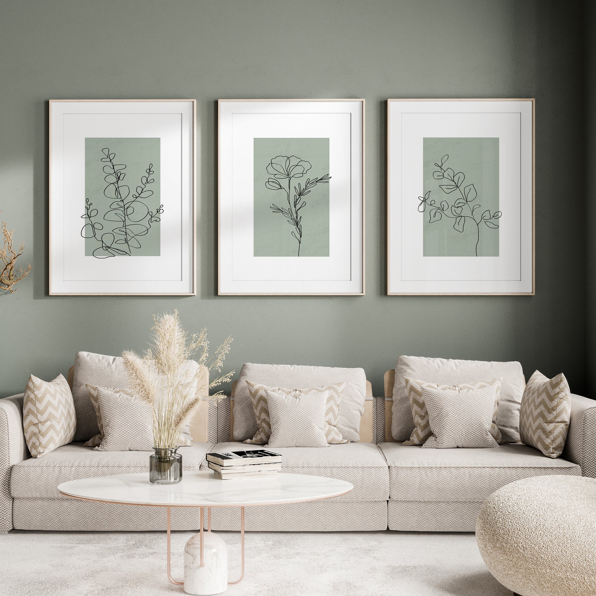 green living room prints with plant line art, set of 3