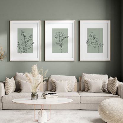 green living room prints with plant line art, set of 3
