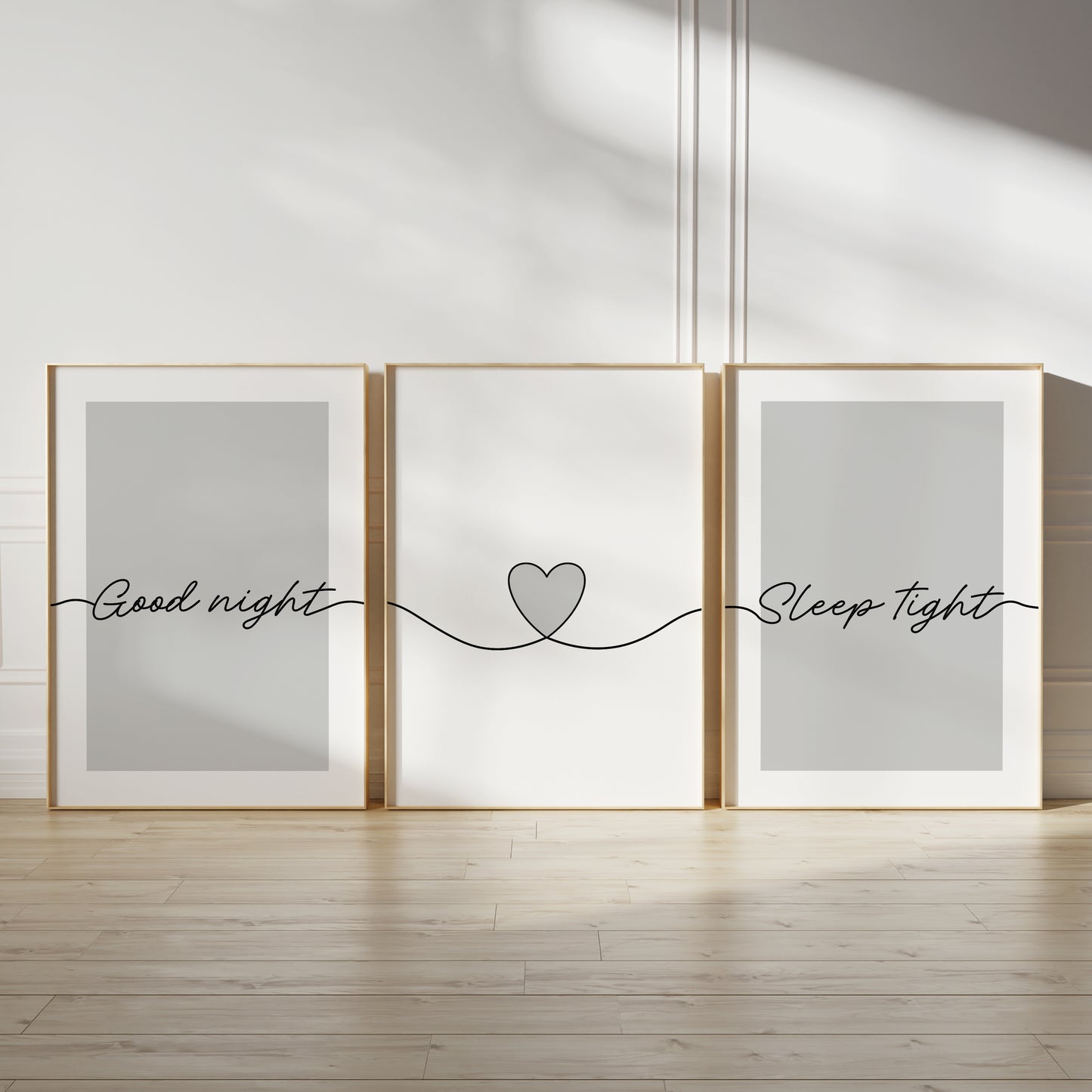 grey bedroom wall art trio, good night sleep tight 