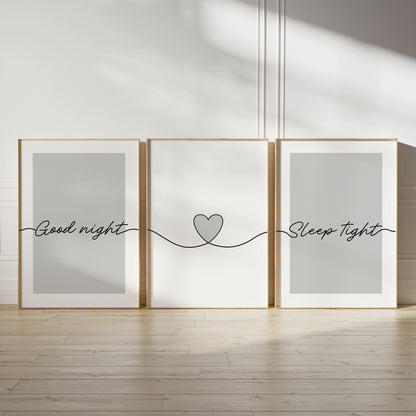 grey bedroom wall art trio, good night sleep tight 