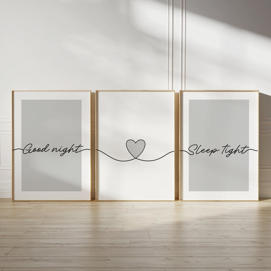 grey bedroom wall art trio, good night sleep tight 