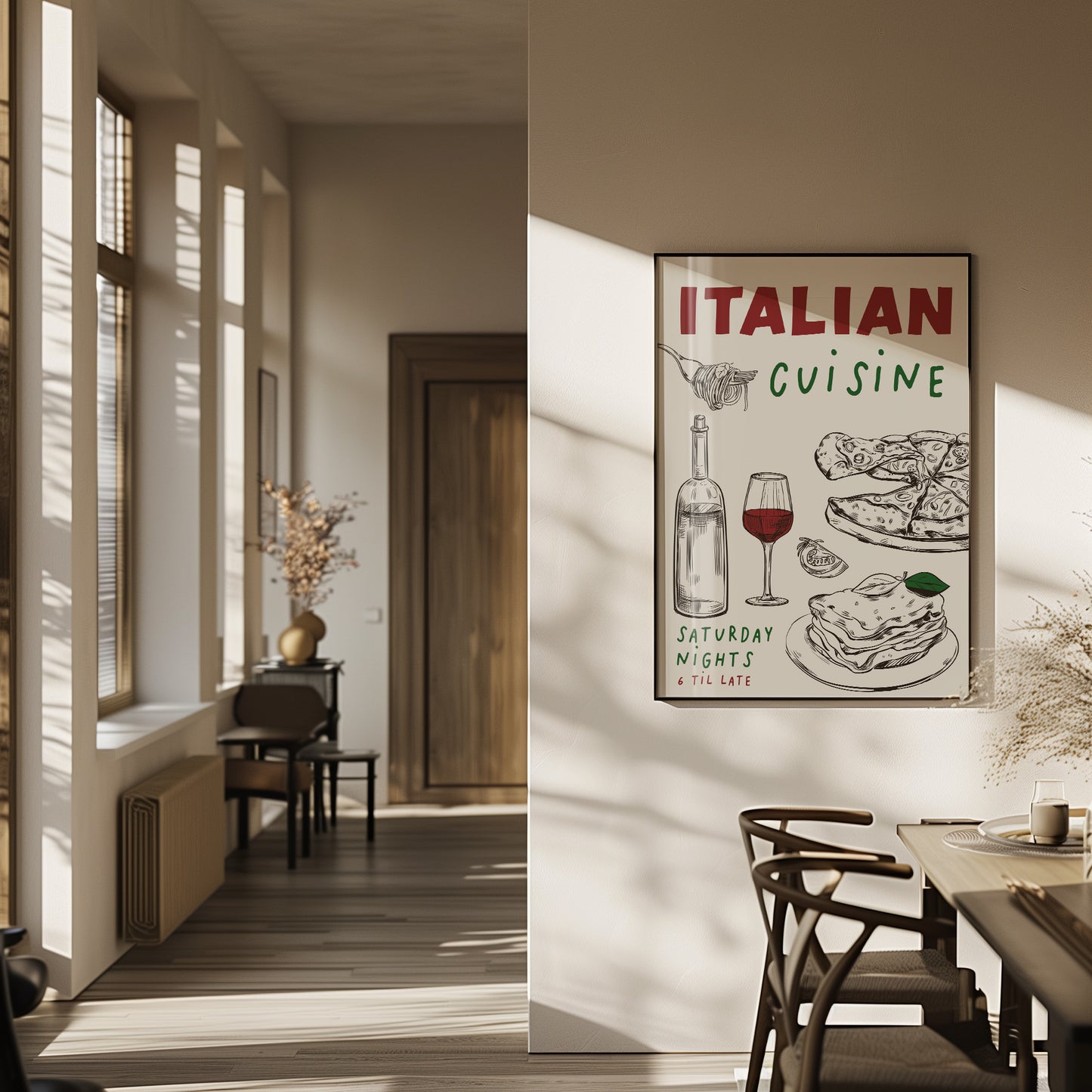 Italian food print for dining room with pizza, lasagne and wine