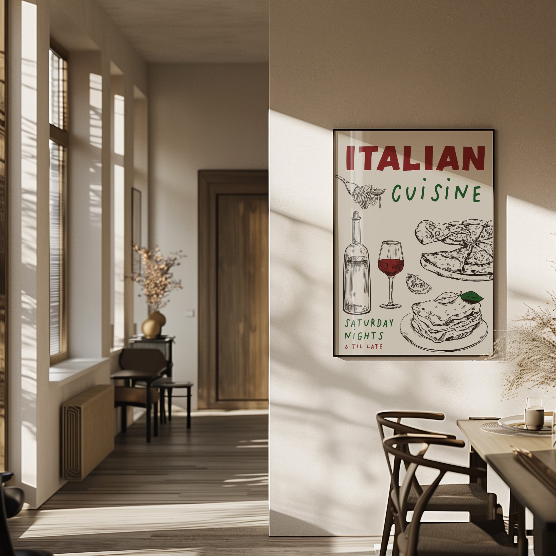 Italian food print for dining room with pizza, lasagne and wine