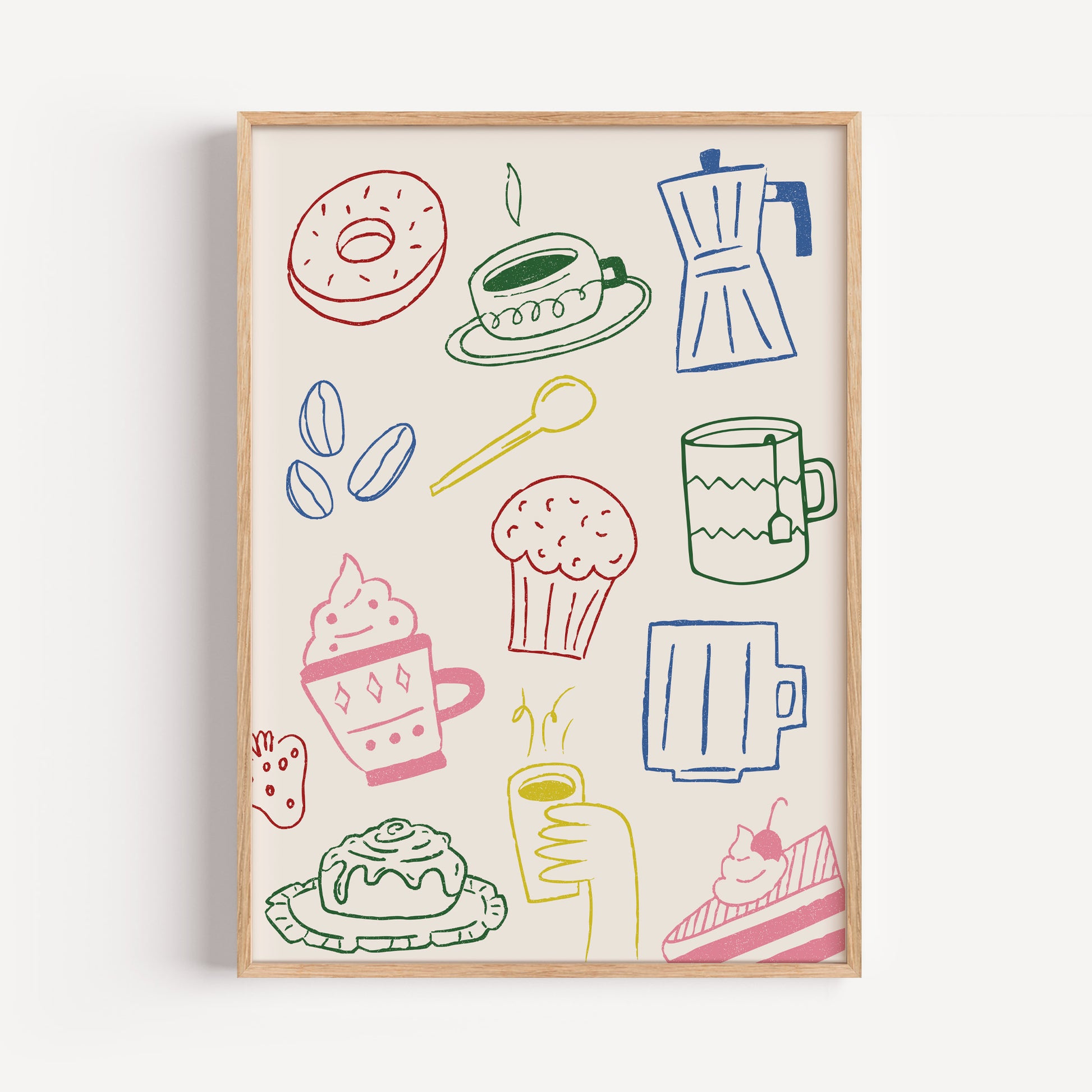 Retro style kitchen print with coffee and cake illustrations