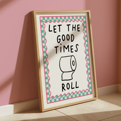 Chequered Bathroom Print, Let the Good Times Roll, Aqua